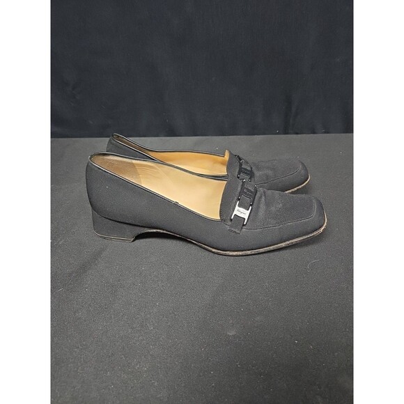 SALVATORE FERRAGAMO 7.5 AA Extra Narrow Fabric Canvas Loafer Buckle Logo Pump - Picture 3 of 6